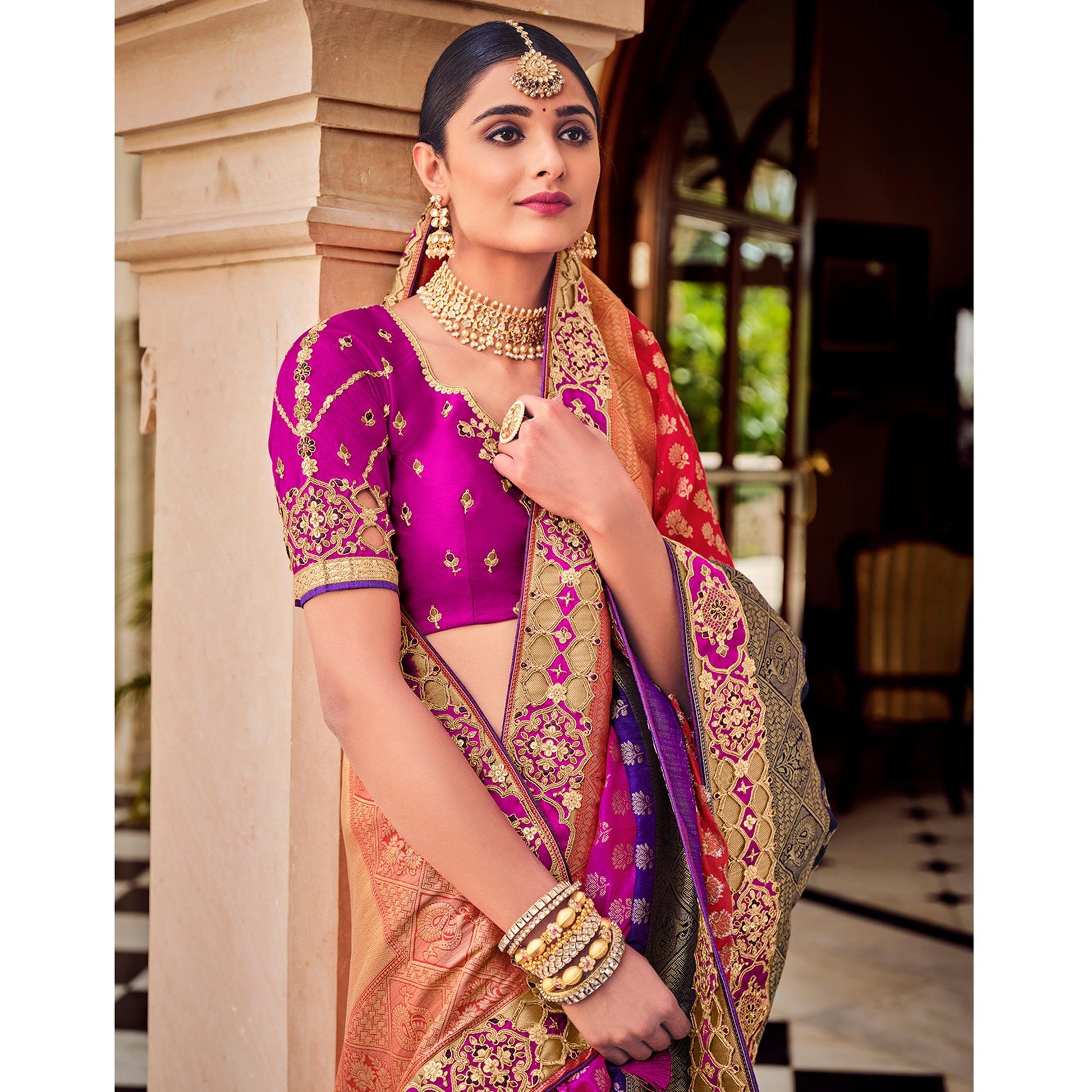 Multi Party Wear Woven-Embroidered Silk Saree