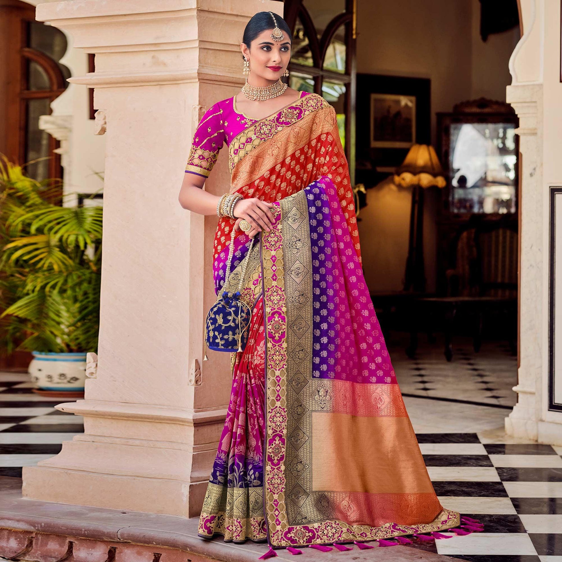 Multi Party Wear Woven-Embroidered Silk Saree