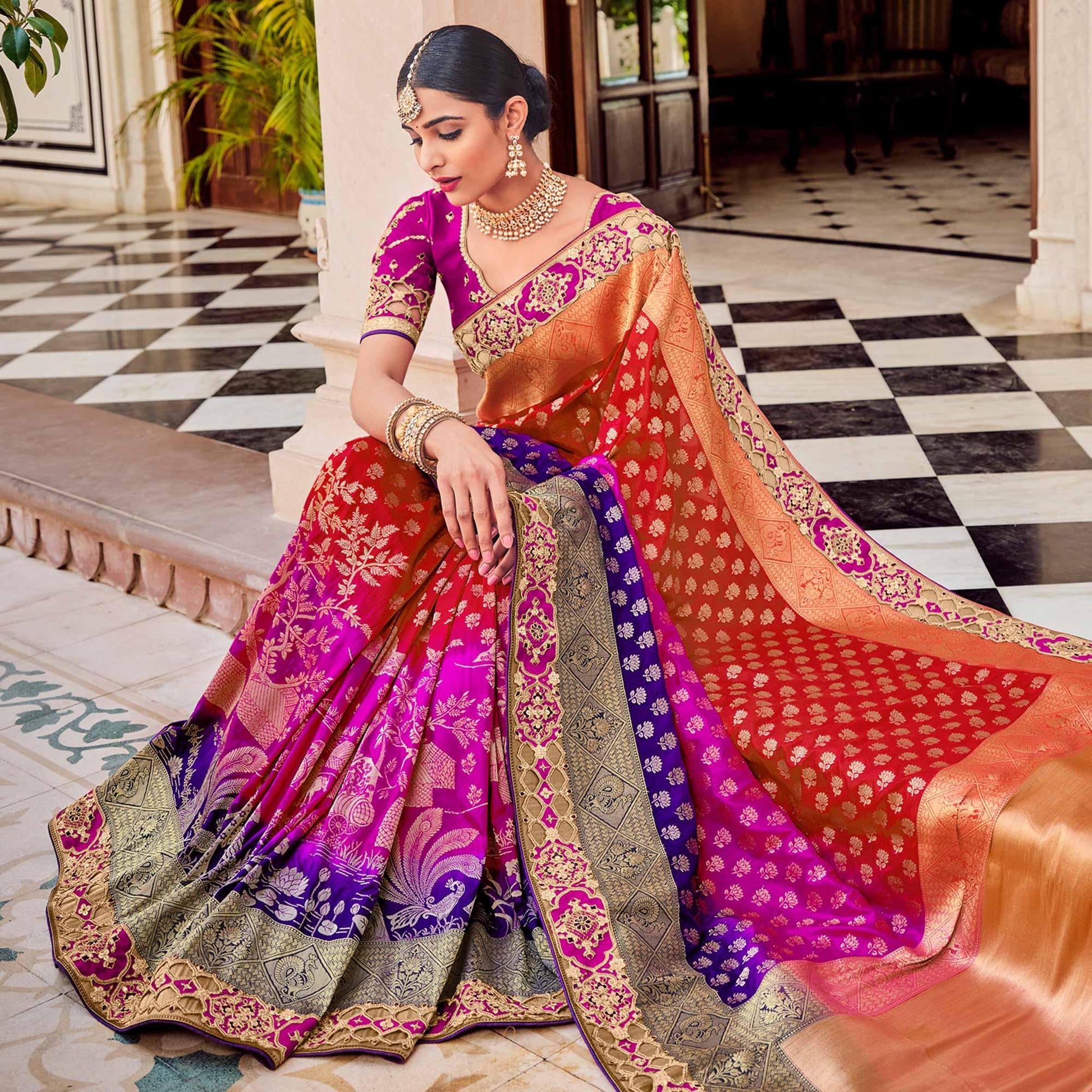 Multi Party Wear Woven-Embroidered Silk Saree
