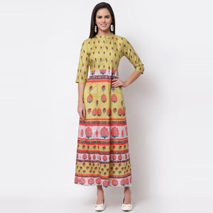 Multicoilored Cotton Printed 3/4 Sleeve Mandarin Neck Casual Dress