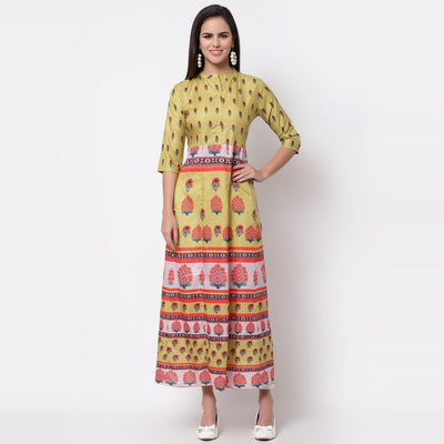 Multicoilored Cotton Printed 3/4 Sleeve Mandarin Neck Casual Dress
