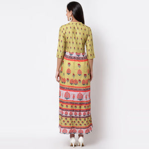 Multicoilored Cotton Printed 3/4 Sleeve Mandarin Neck Casual Dress
