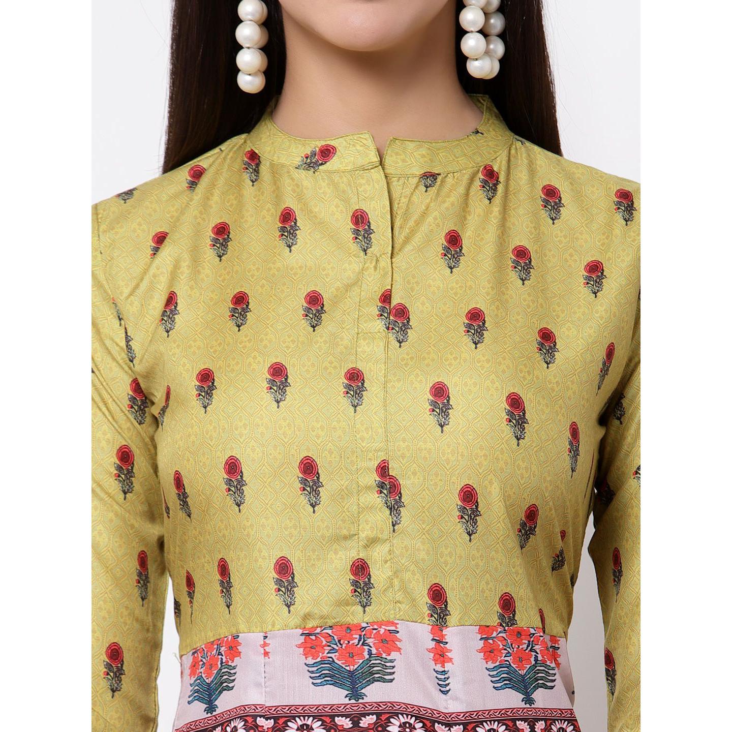 Multicoilored Cotton Printed 3/4 Sleeve Mandarin Neck Casual Dress