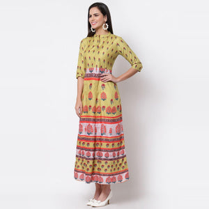 Multicoilored Cotton Printed 3/4 Sleeve Mandarin Neck Casual Dress