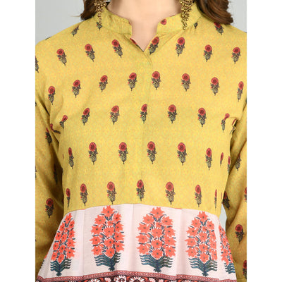 Multicoilored Cotton Printed 3/4 Sleeve Mandarin Neck Casual Dress