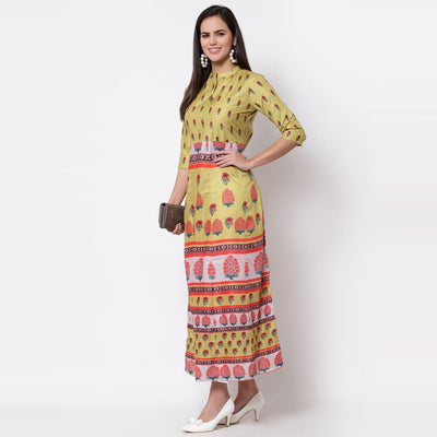 Multicoilored Cotton Printed 3/4 Sleeve Mandarin Neck Casual Dress