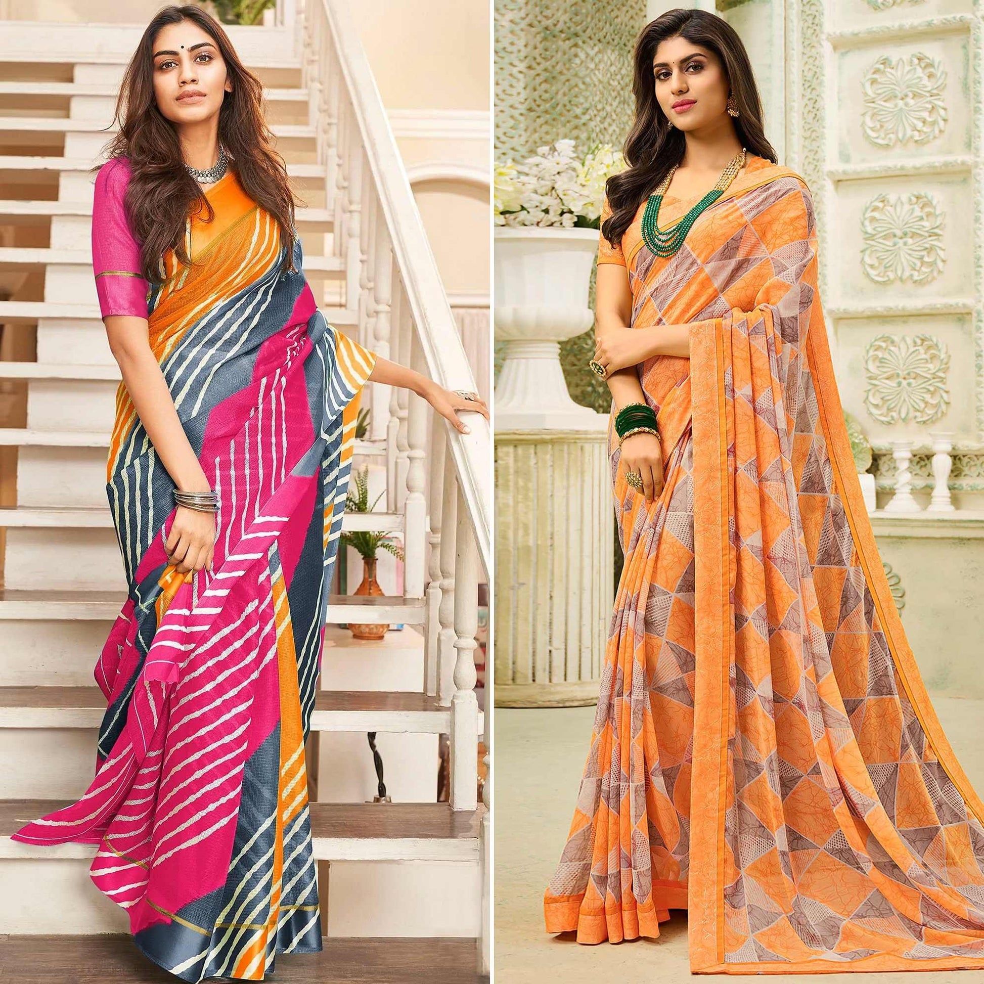 Multicolor And Orange Saree - Pack Of 2