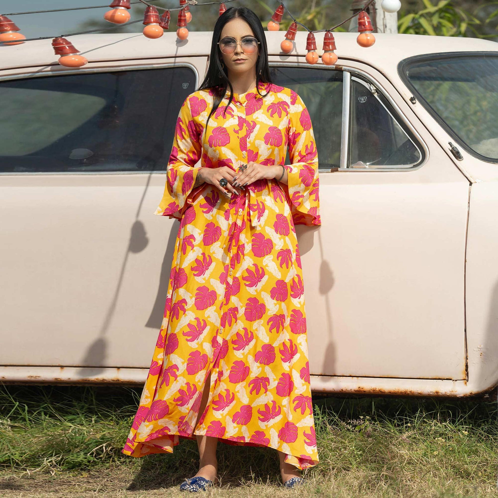 Multicolor Casual Ankle Length Printed Rayon Gown With Belt