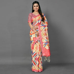 Multicolor Casual Pure Linen Digital Print Saree With Unstitched Blouse