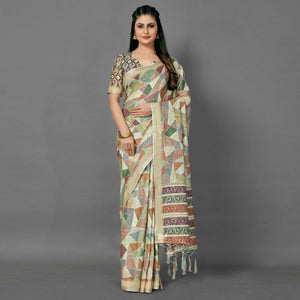 Multicolor Casual Pure Linen Digital Print Saree With Unstitched Blouse