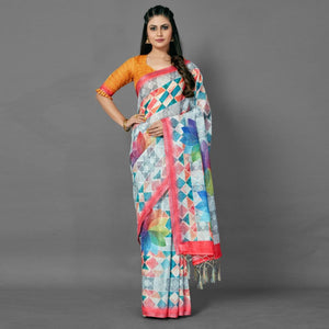 Multicolor Casual Pure Linen Digital Print Saree With Unstitched Blouse