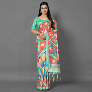 Multicolor Casual Pure Linen Digital Print Saree With Unstitched Blouse