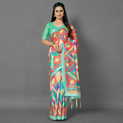 Multicolor Casual Pure Linen Digital Print Saree With Unstitched Blouse