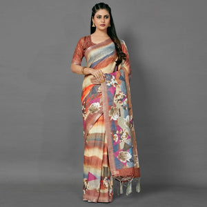 Multicolor Casual Pure Linen Digital Print Saree With Unstitched Blouse