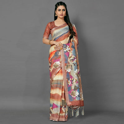 Multicolor Casual Pure Linen Digital Print Saree With Unstitched Blouse