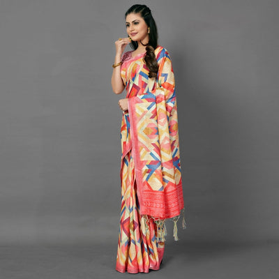 Multicolor Casual Pure Linen Digital Print Saree With Unstitched Blouse