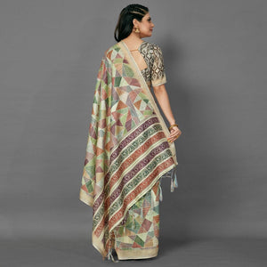 Multicolor Casual Pure Linen Digital Print Saree With Unstitched Blouse
