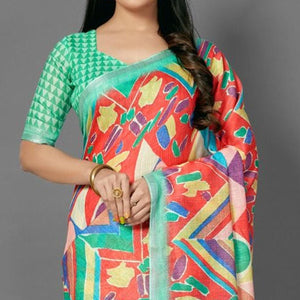 Multicolor Casual Pure Linen Digital Print Saree With Unstitched Blouse