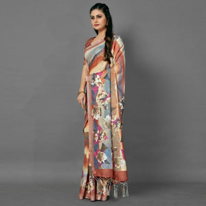 Multicolor Casual Pure Linen Digital Print Saree With Unstitched Blouse