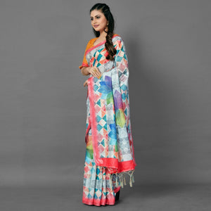 Multicolor Casual Pure Linen Digital Print Saree With Unstitched Blouse