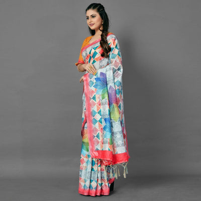 Multicolor Casual Pure Linen Digital Print Saree With Unstitched Blouse