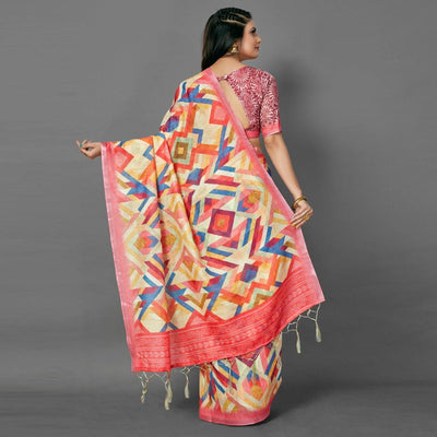 Multicolor Casual Pure Linen Digital Print Saree With Unstitched Blouse