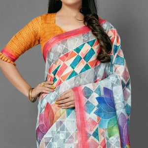 Multicolor Casual Pure Linen Digital Print Saree With Unstitched Blouse