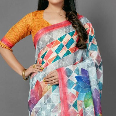 Multicolor Casual Pure Linen Digital Print Saree With Unstitched Blouse