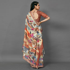 Multicolor Casual Pure Linen Digital Print Saree With Unstitched Blouse