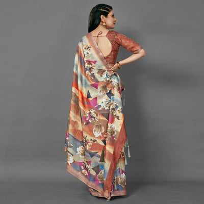 Multicolor Casual Pure Linen Digital Print Saree With Unstitched Blouse