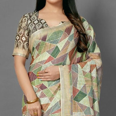 Multicolor Casual Pure Linen Digital Print Saree With Unstitched Blouse