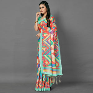Multicolor Casual Pure Linen Digital Print Saree With Unstitched Blouse