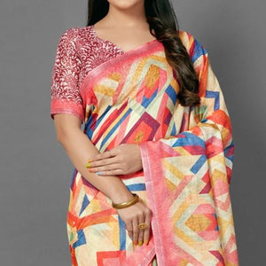 Multicolor Casual Pure Linen Digital Print Saree With Unstitched Blouse