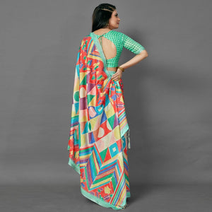 Multicolor Casual Pure Linen Digital Print Saree With Unstitched Blouse