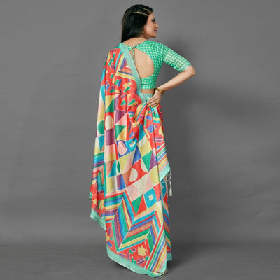Multicolor Casual Pure Linen Digital Print Saree With Unstitched Blouse