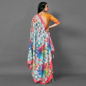 Multicolor Casual Pure Linen Digital Print Saree With Unstitched Blouse