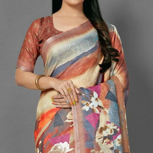 Multicolor Casual Pure Linen Digital Print Saree With Unstitched Blouse