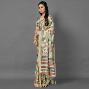 Multicolor Casual Pure Linen Digital Print Saree With Unstitched Blouse