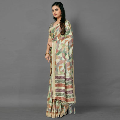 Multicolor Casual Pure Linen Digital Print Saree With Unstitched Blouse