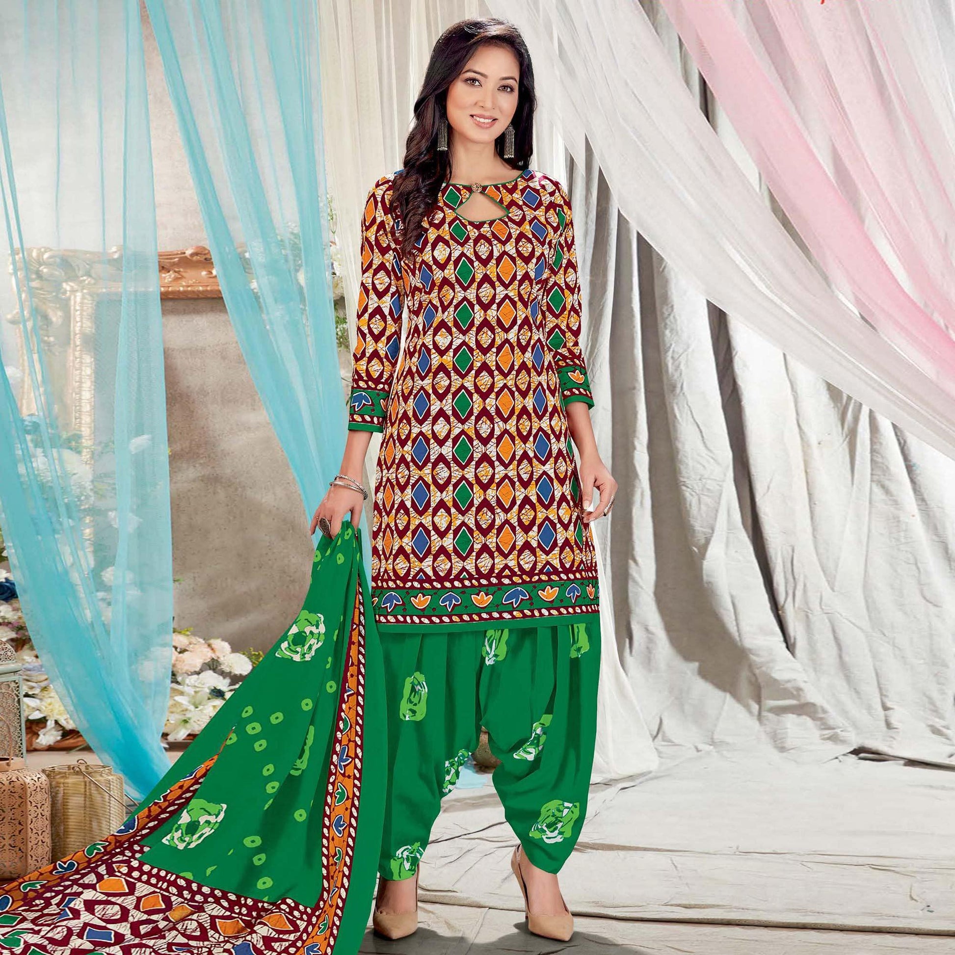 Multicolor Casual Wear Batik Printed Cotton Patiala Dress Material