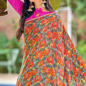 Multicolor Casual Wear Floral Printed Chiffon Saree
