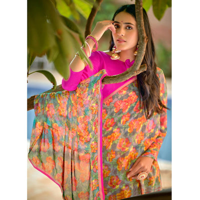 Multicolor Casual Wear Floral Printed Chiffon Saree