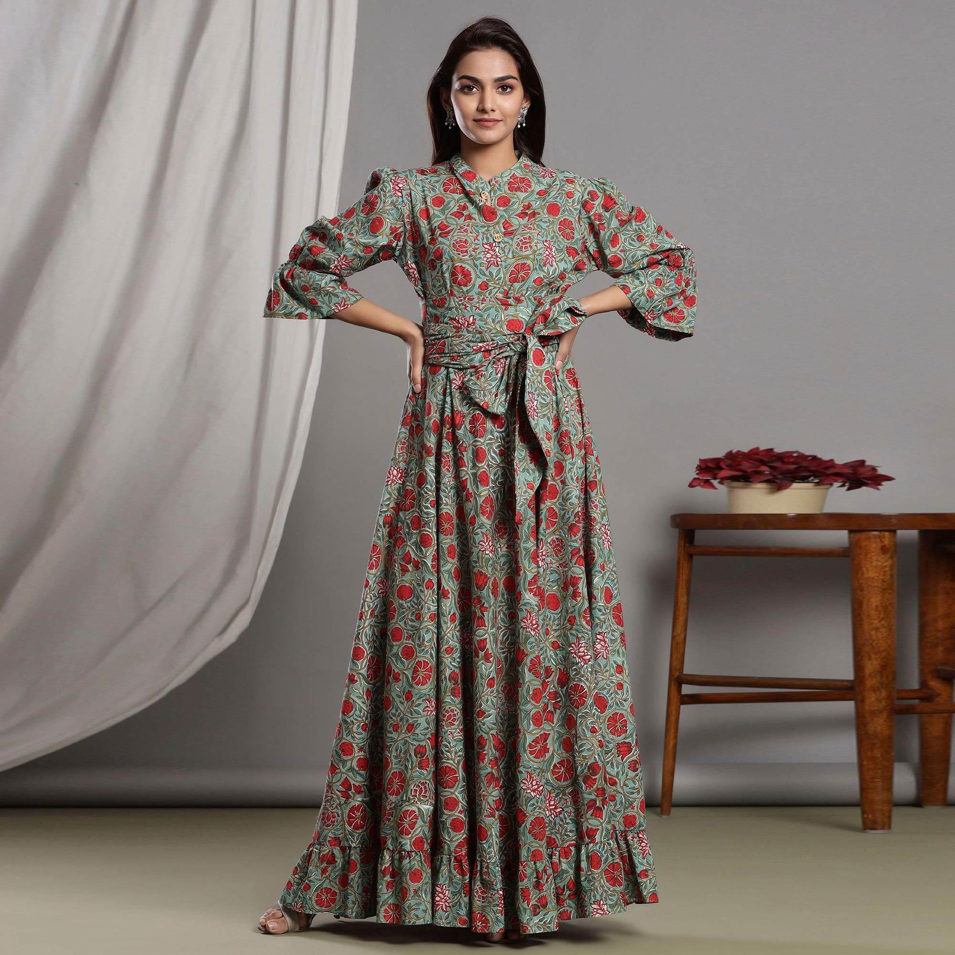 Multicolor Casual Wear Floral Printed Cotton Gown