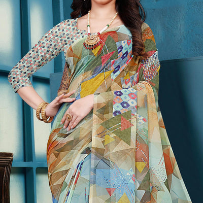 Multicolor Casual Wear Geometric Printed Georgette Saree