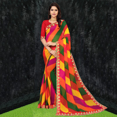 Multicolor Casual Wear Georgette Saree With Gotta Patti Lace Border