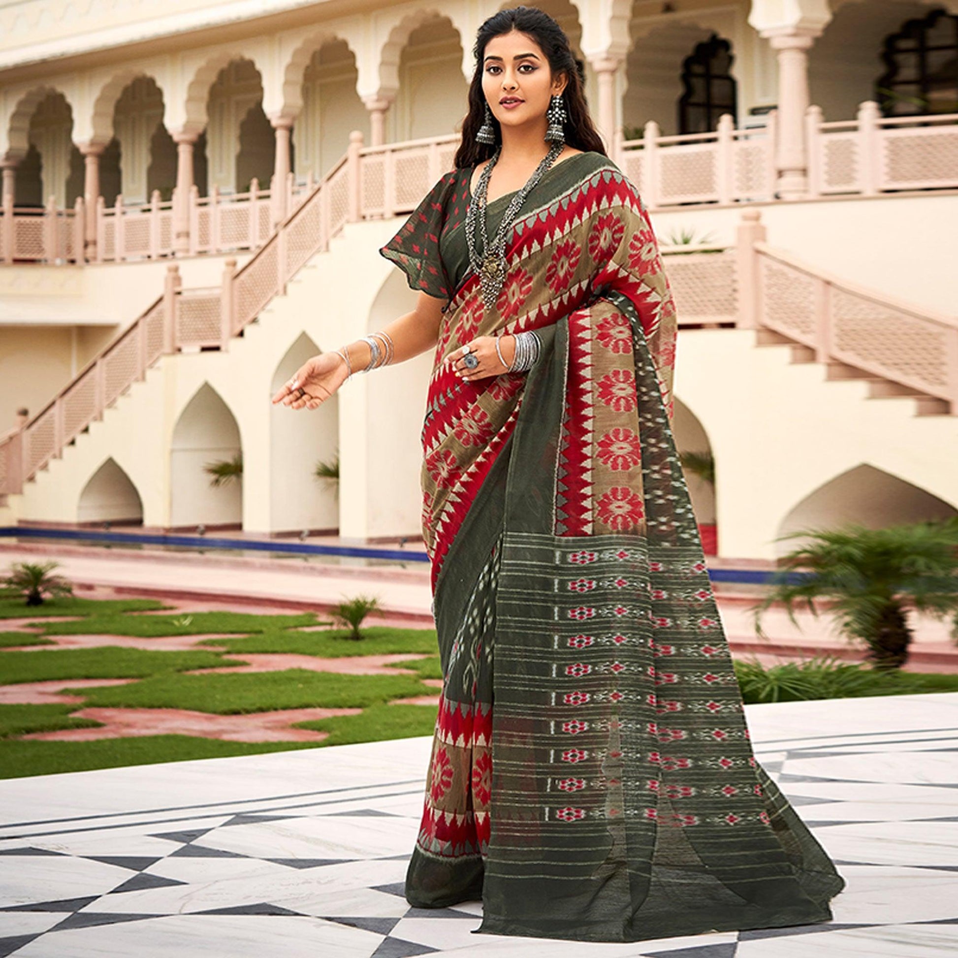 Multicolor Casual Wear Ikkat Printed Cotton Saree