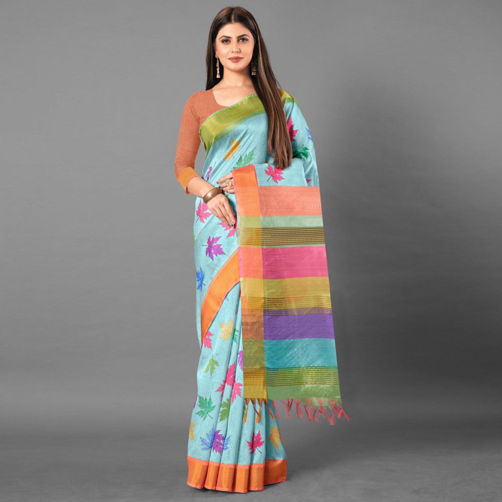 Multicolor Casual Wear Leaf Cotton silk Saree