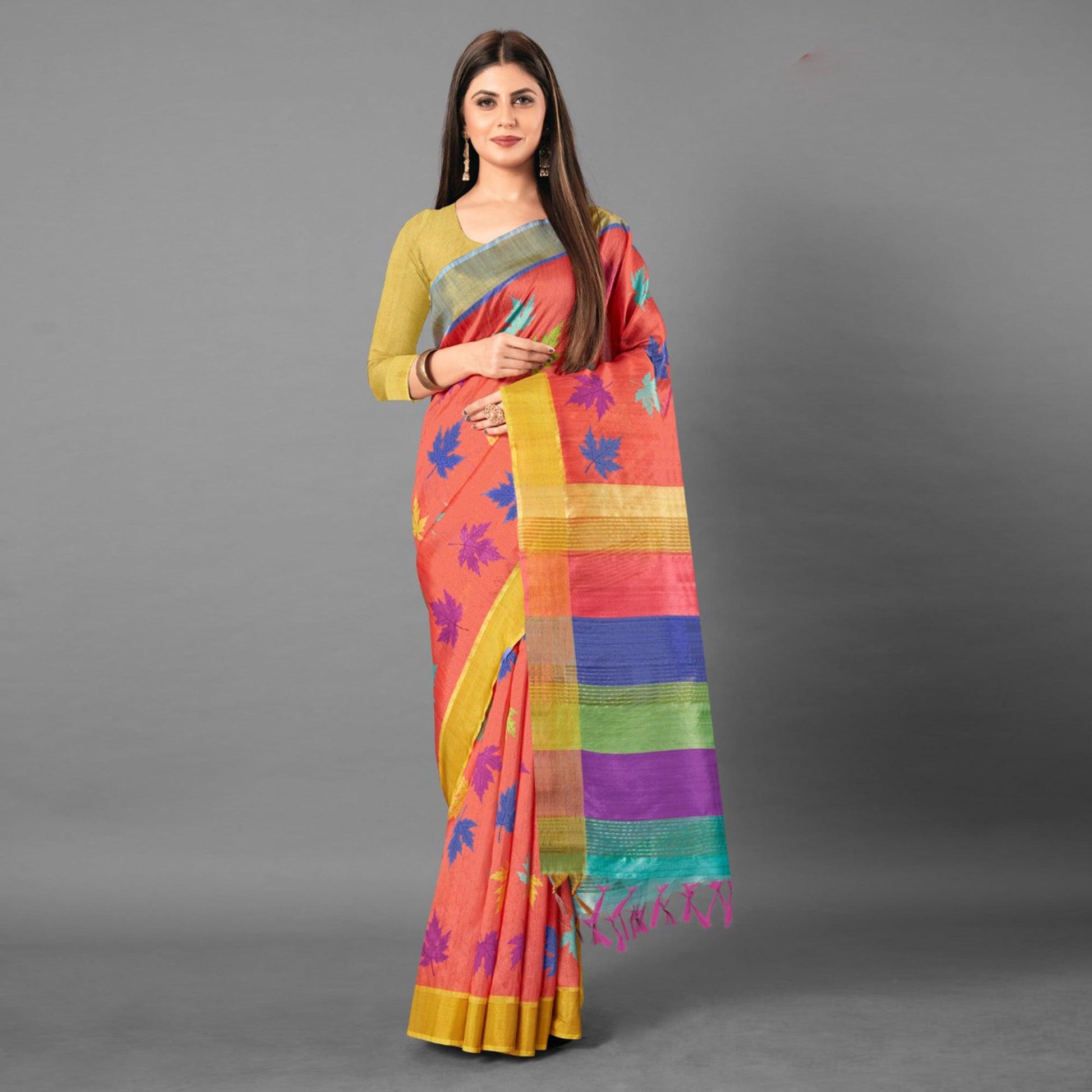 Multicolor Casual Wear Leaf Cotton silk Saree