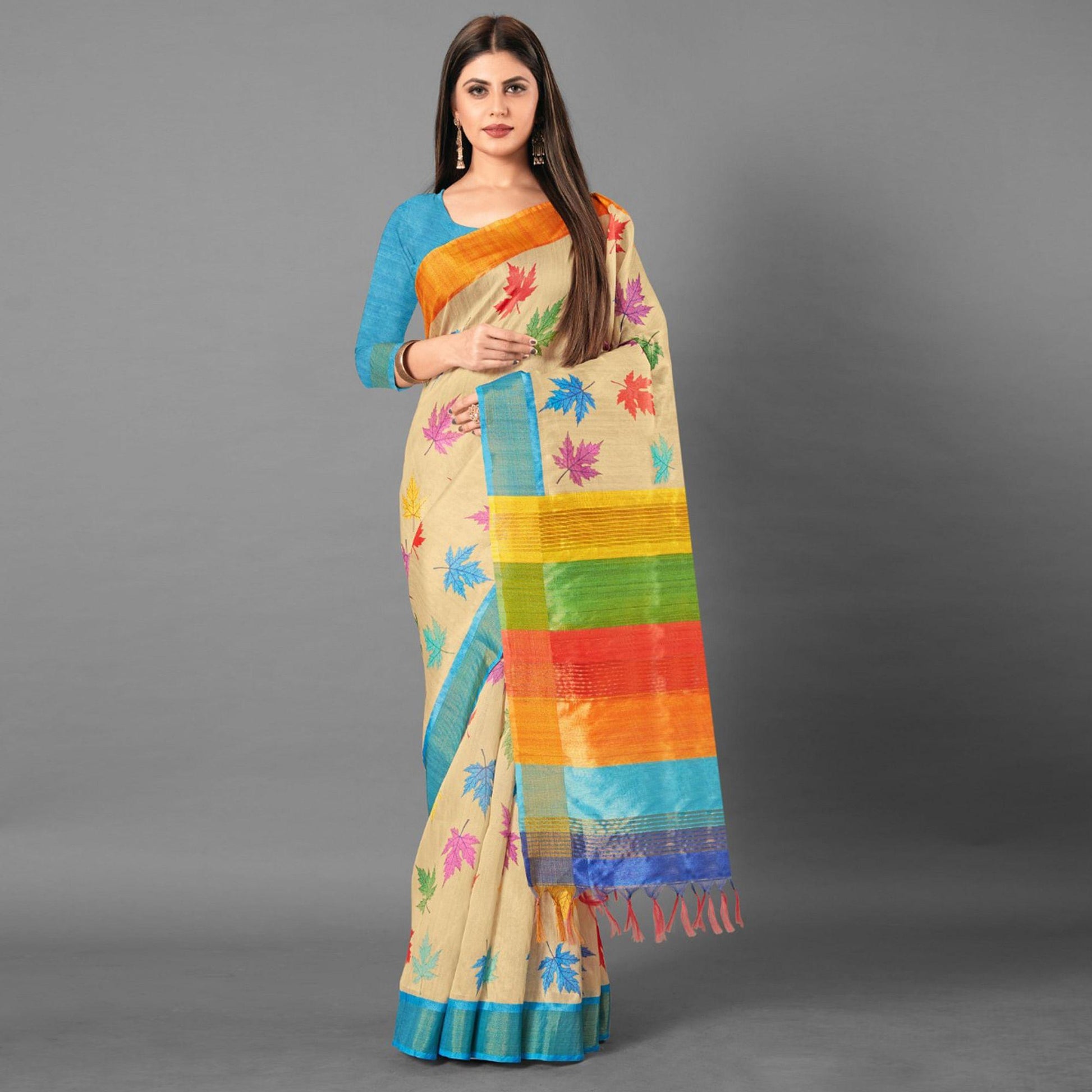 Multicolor Casual Wear Leaf Cotton silk Saree