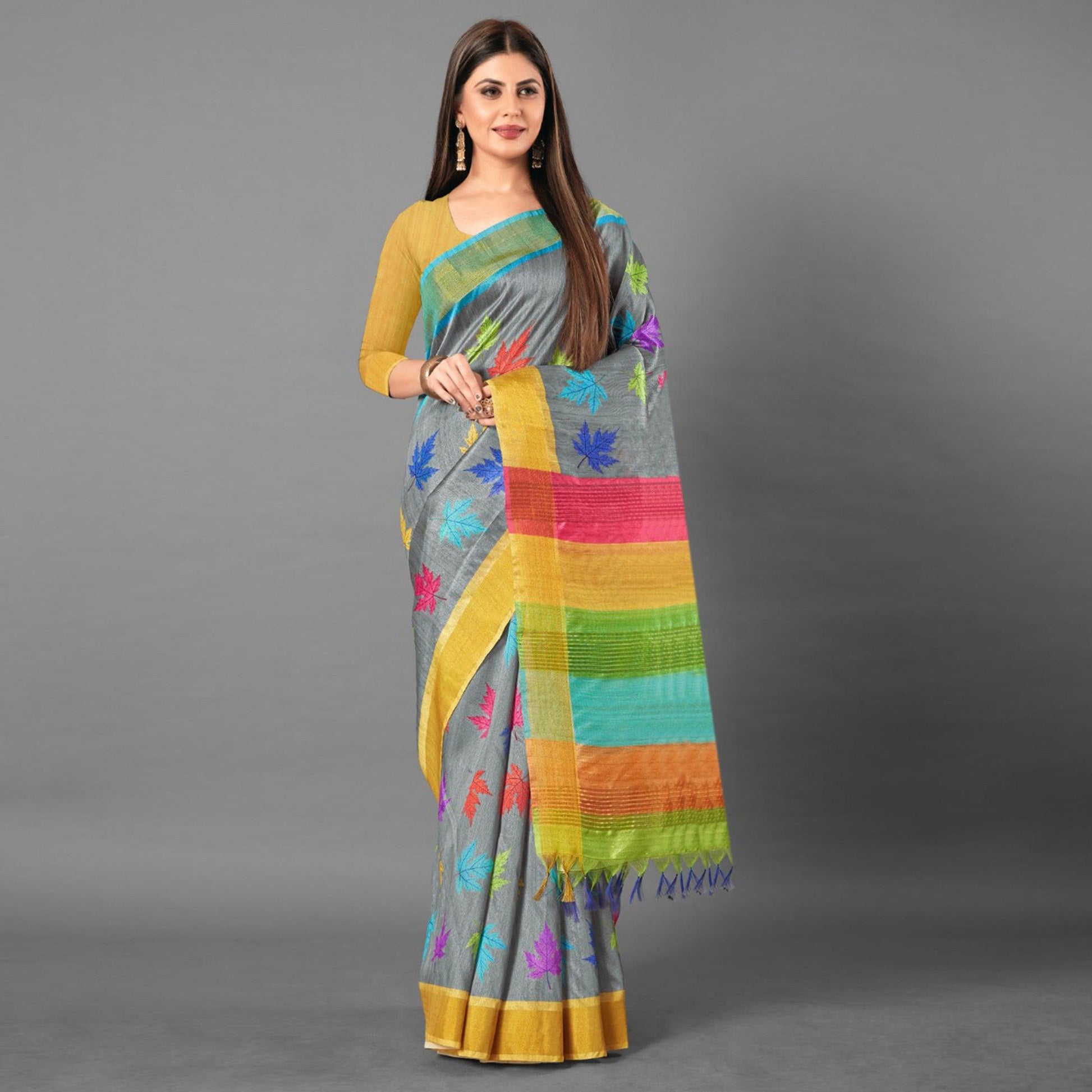 Multicolor Casual Wear Leaf Cotton silk Saree
